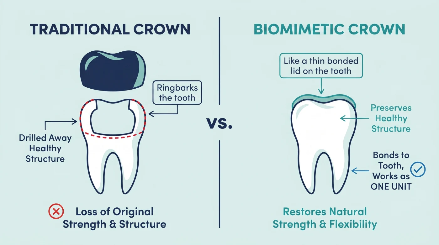 A traditional crown caps a heavily reduced tooth, while a biomimetic crown bonds to a mostly preserved natural tooth