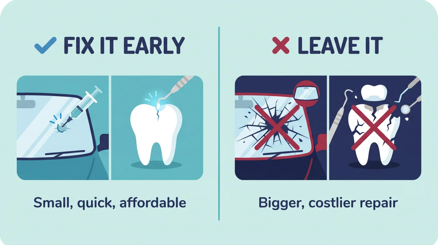 Fix it early: a small windscreen chip and tooth crack repaired simply, versus leaving it until the crack spreads and needs a much bigger repair
