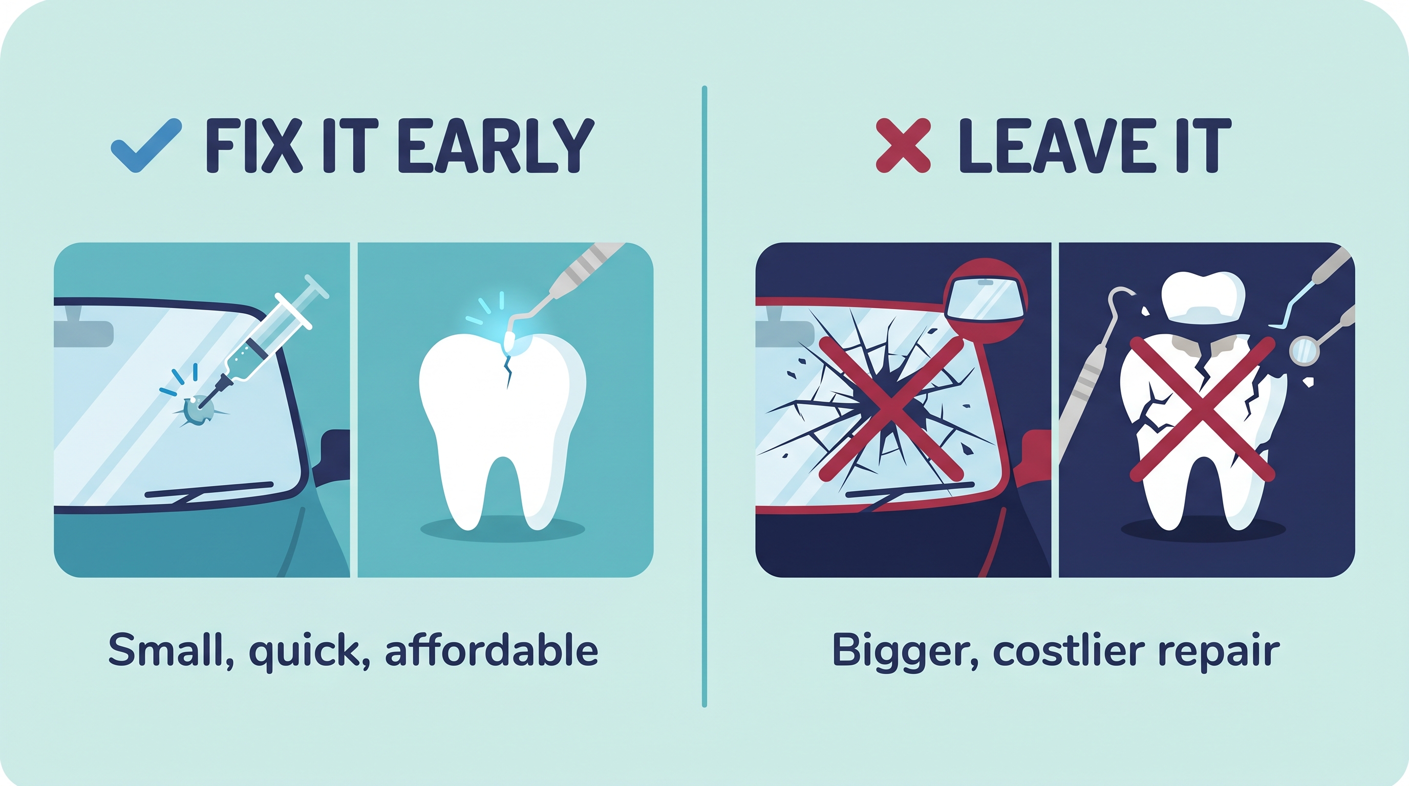 Fix a small chip early versus leaving it to spread: windscreen and tooth comparison